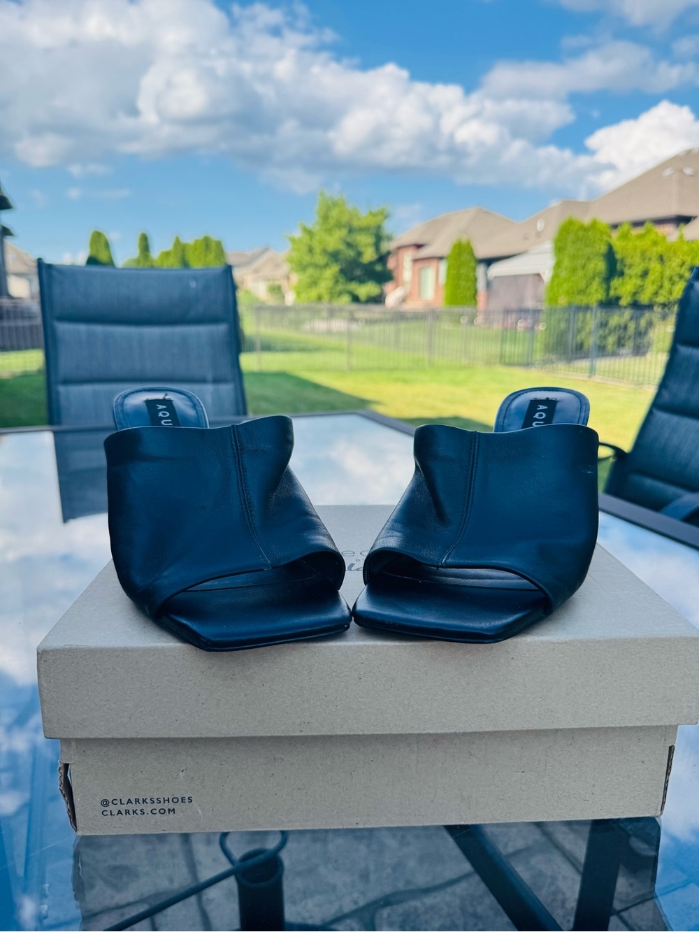 Aqua Black Open-Toe Square Mule Heels